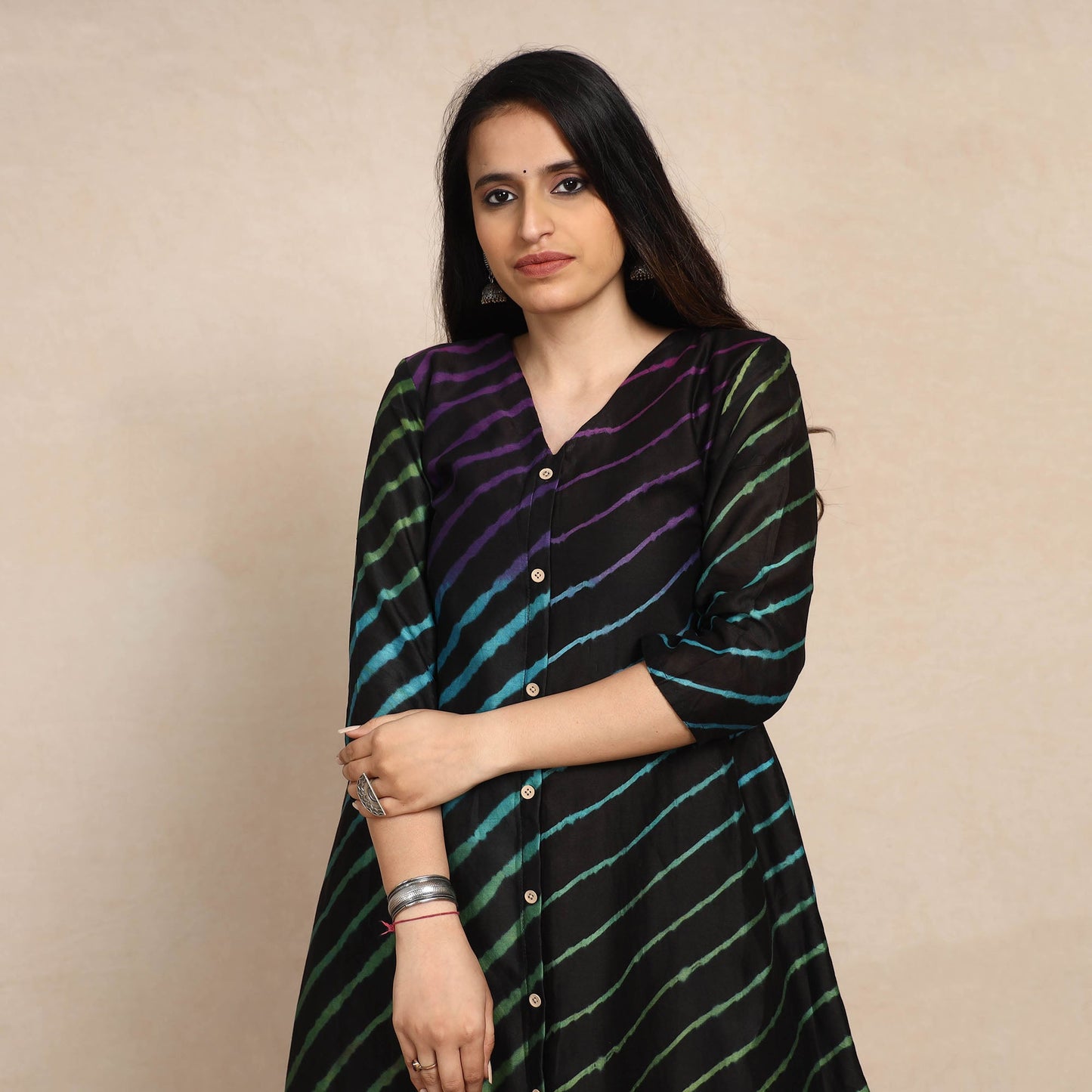 Leheriya Tie-Dye Chanderi Silk Long Kurta for Women