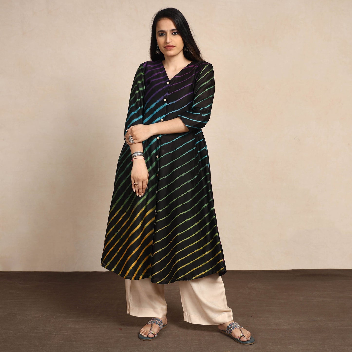 Leheriya Tie-Dye Chanderi Silk Long Kurta for Women