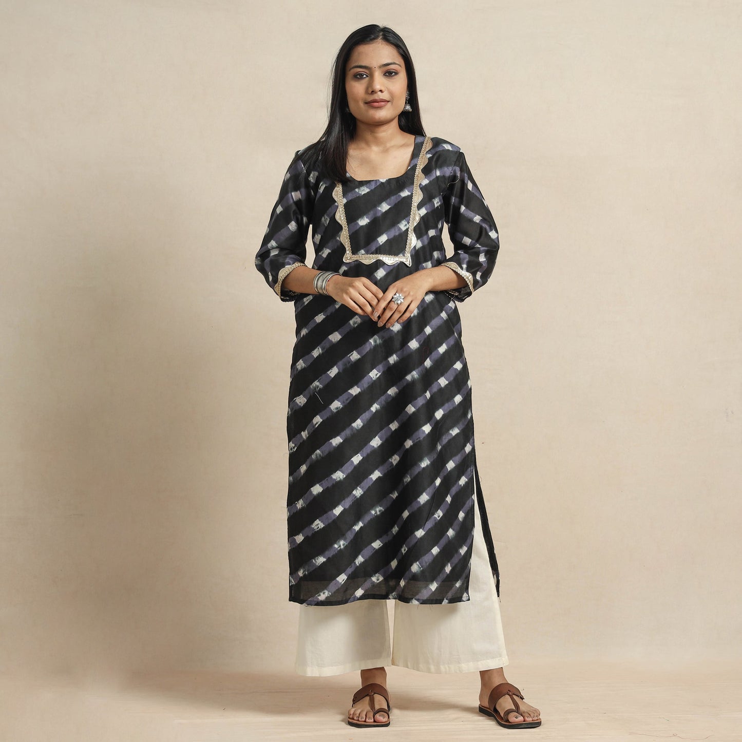 Leheriya Tie-Dye Chanderi Silk Kurta with Lace Work for Women