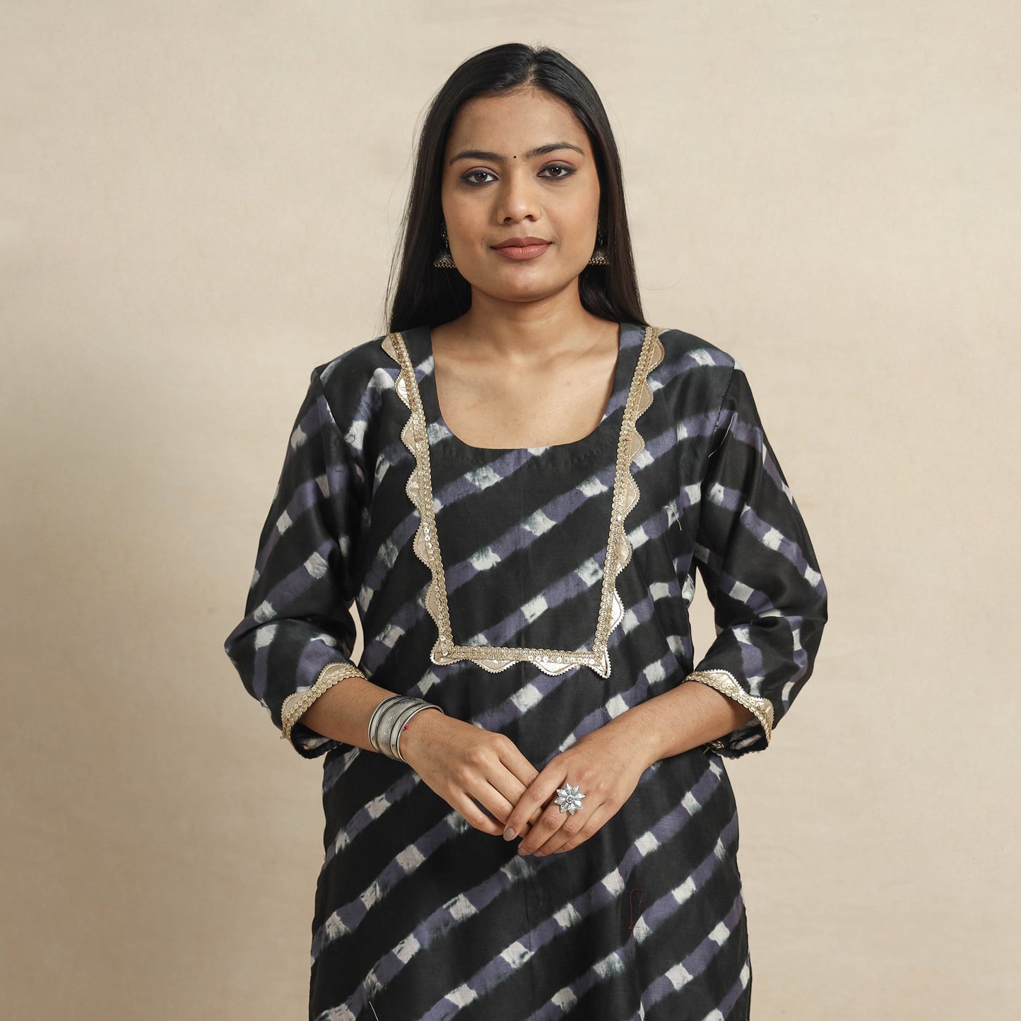 Leheriya Tie-Dye Chanderi Silk Kurta with Lace Work for Women