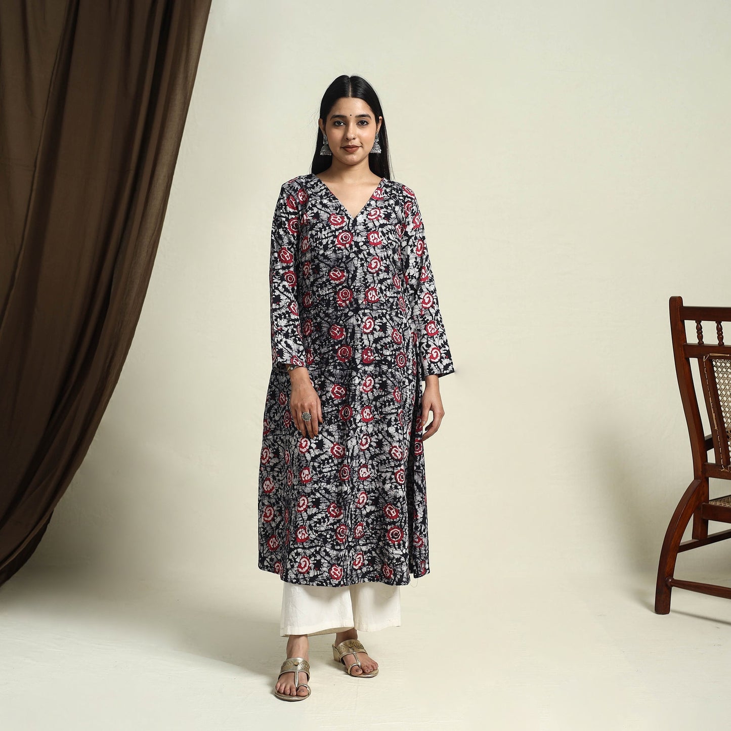 Black A-Line Batik Print Cotton Kurta for Women