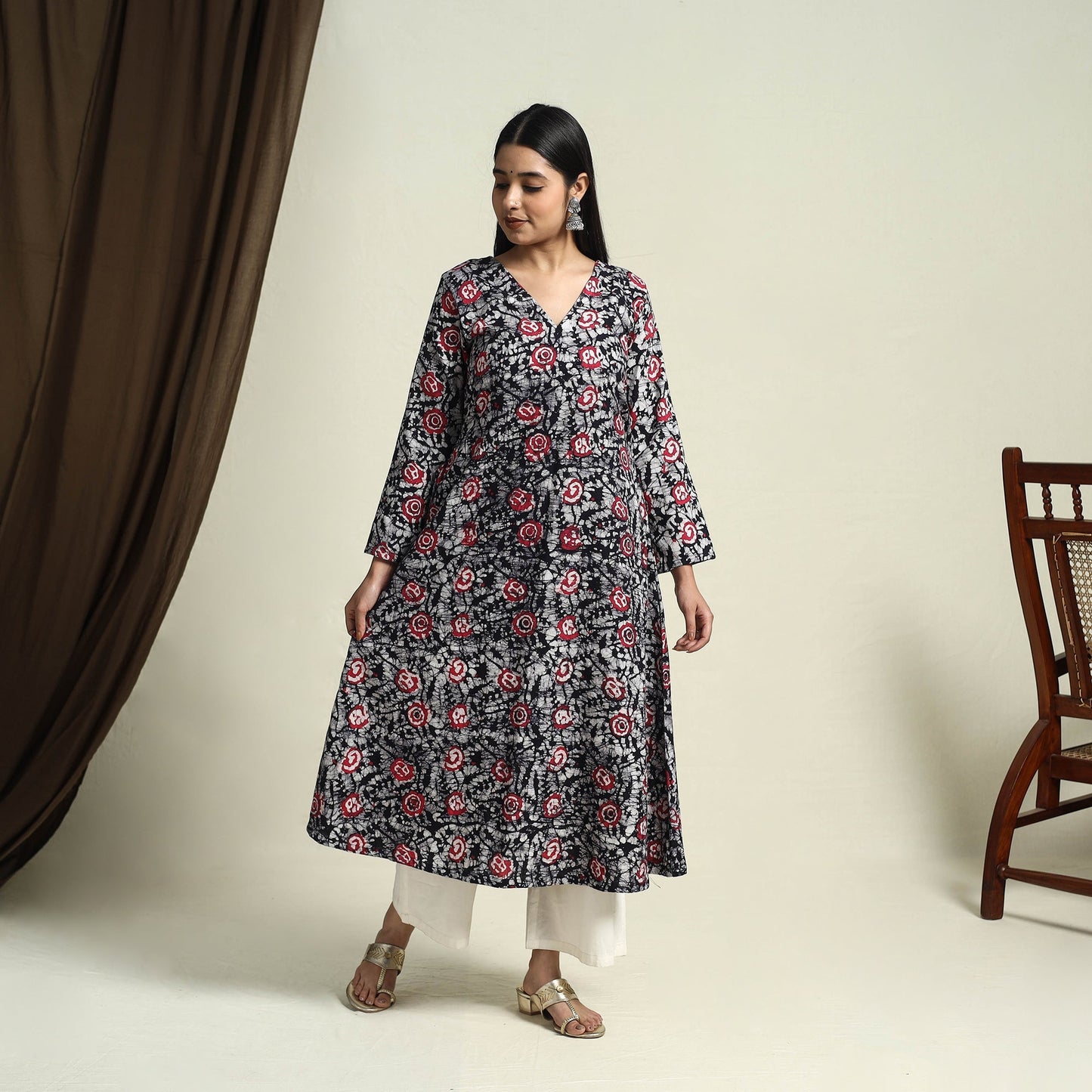 Black A-Line Batik Print Cotton Kurta for Women