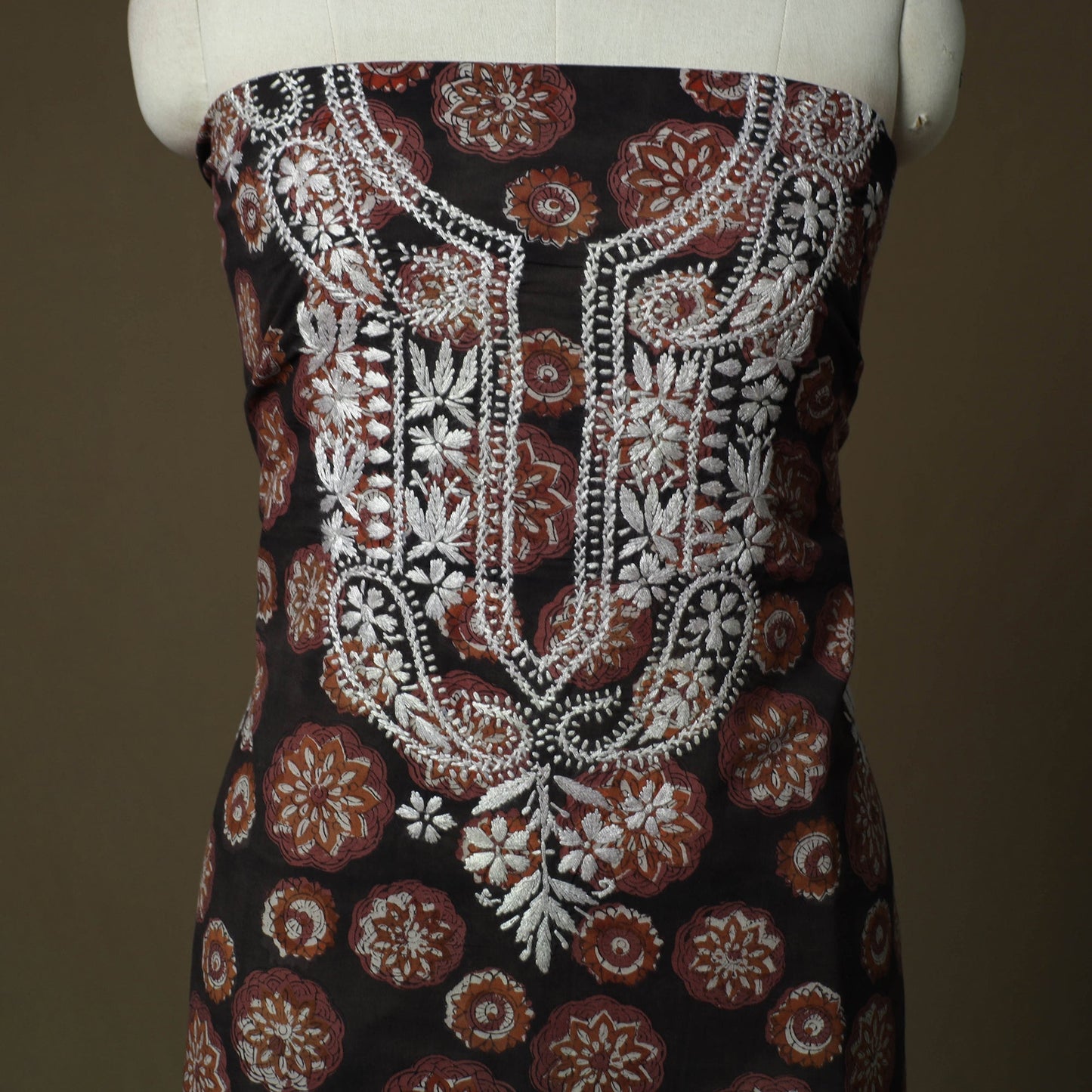 Lucknowi chikankari hand work bagru block print unstitched