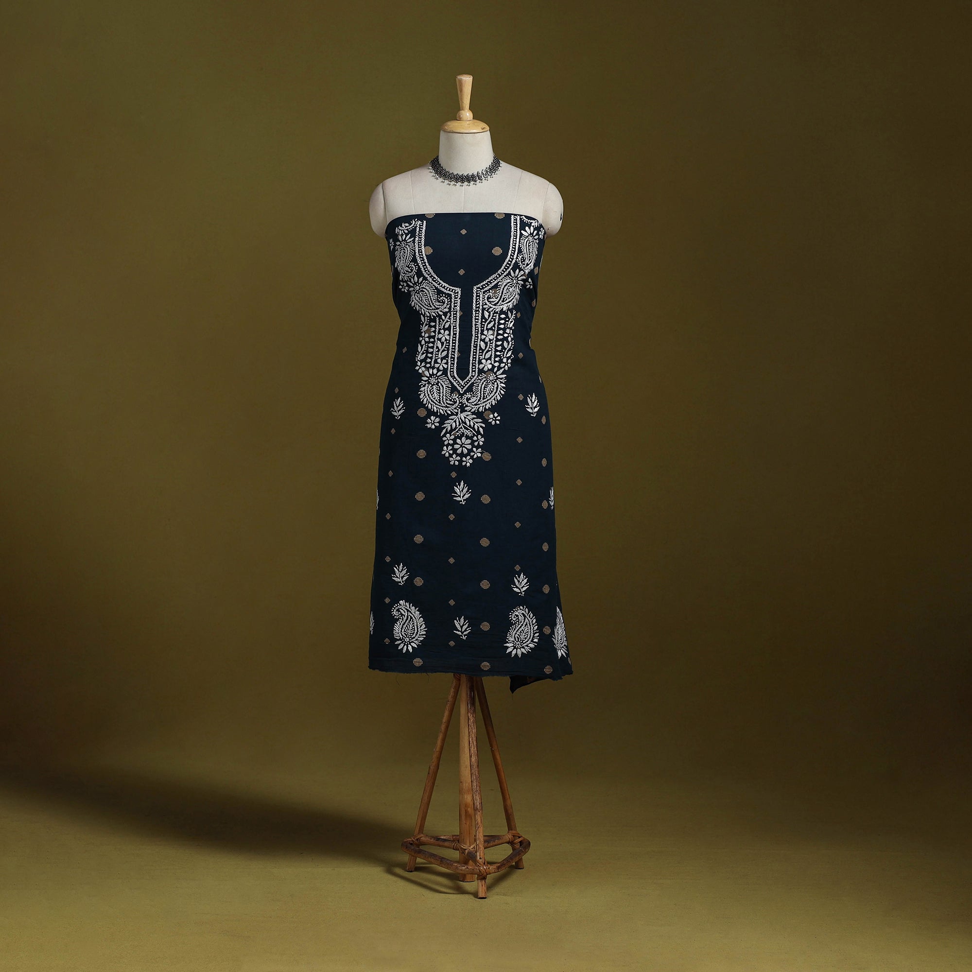 Black - Lucknowi Chikankari Hand Work Bandhani Unstitched Kurta Material (2.6M) 17