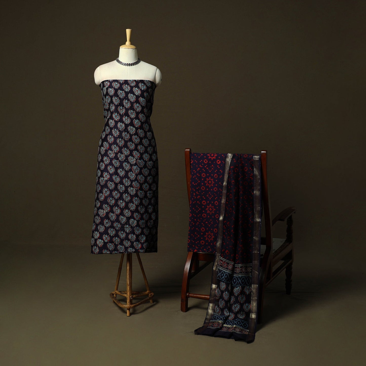 Maheshwari silk hand block ajrakh print 3pc unstitched