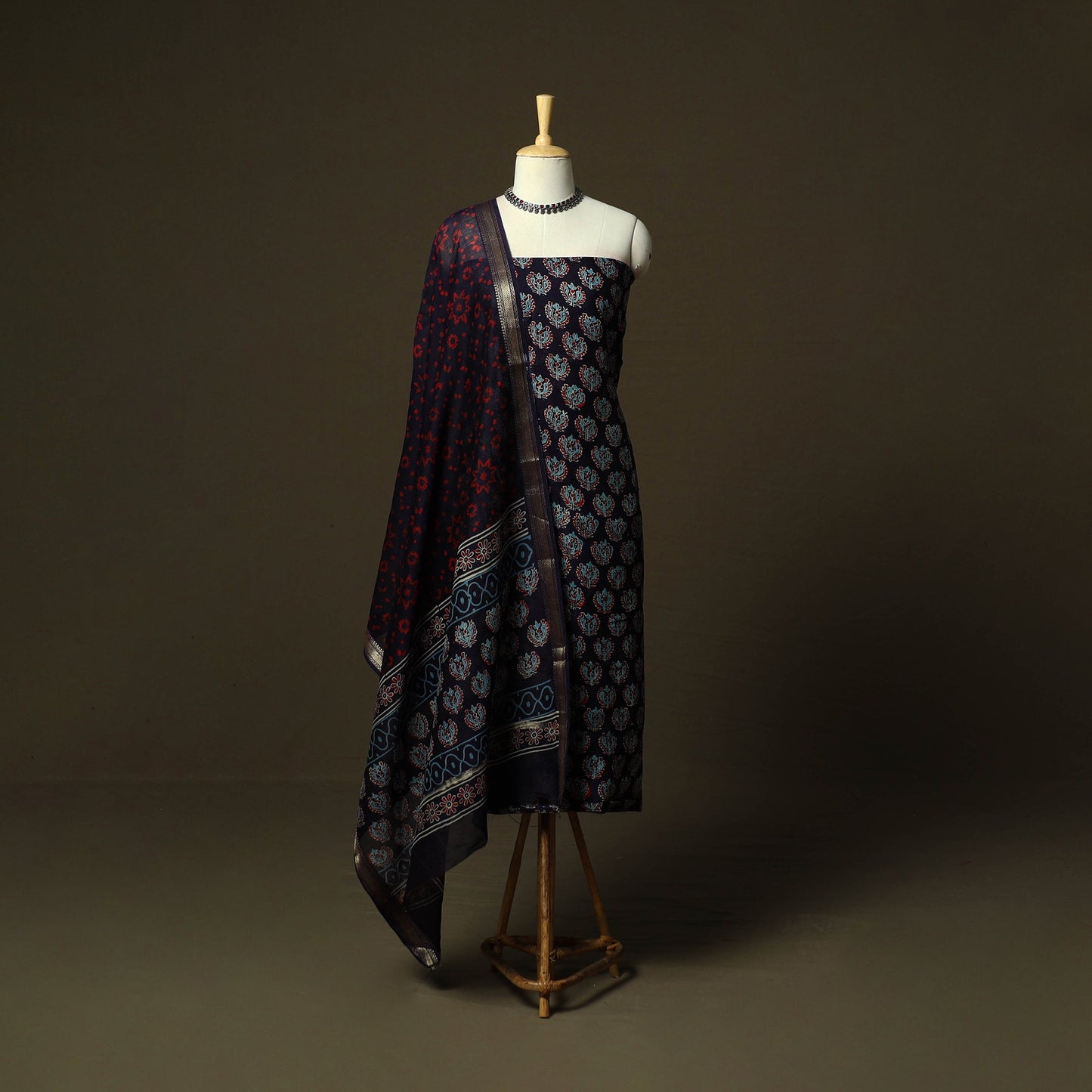 Maheshwari silk hand block ajrakh print 3pc unstitched