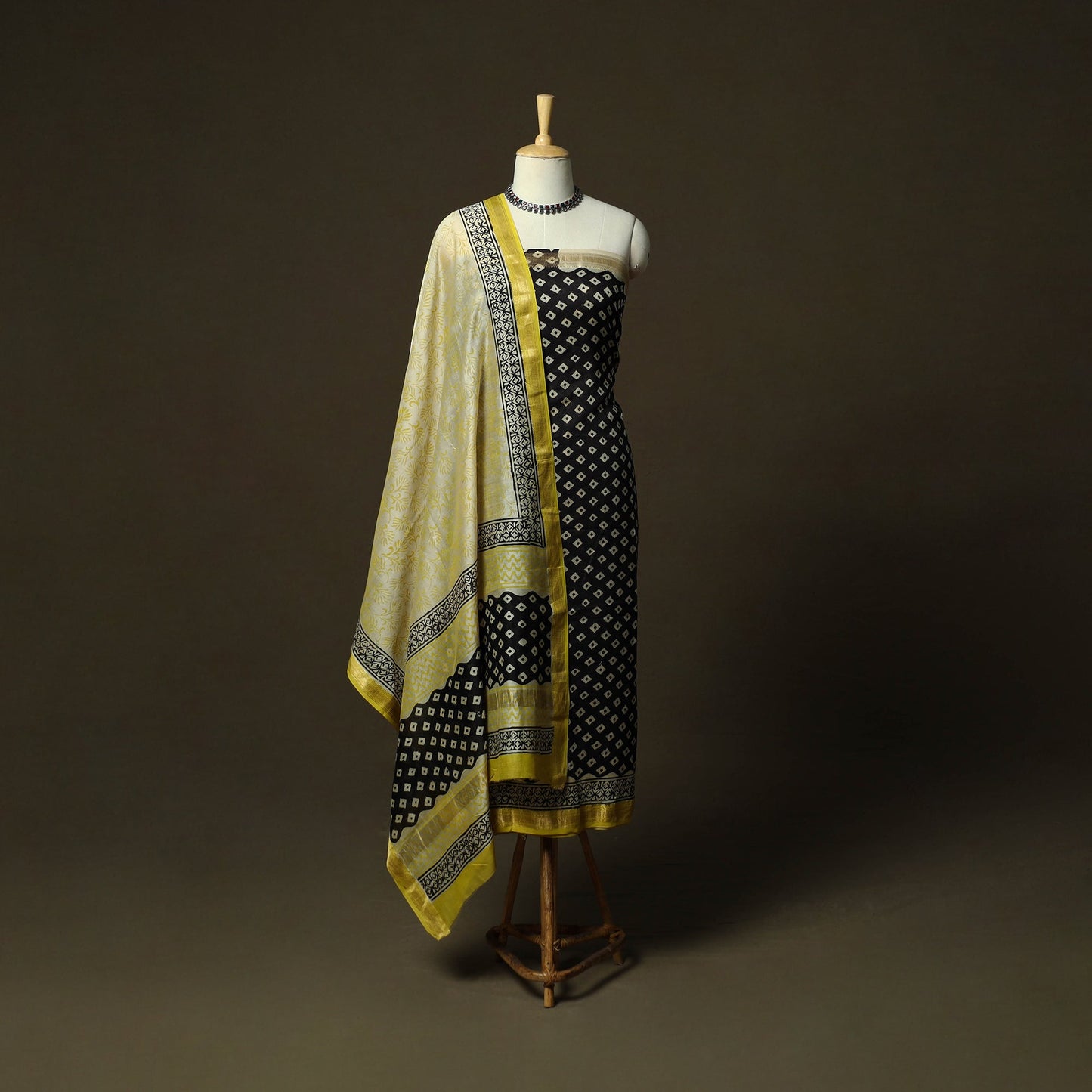 Maheshwari silk hand block bagru print 3pc unstitched dress