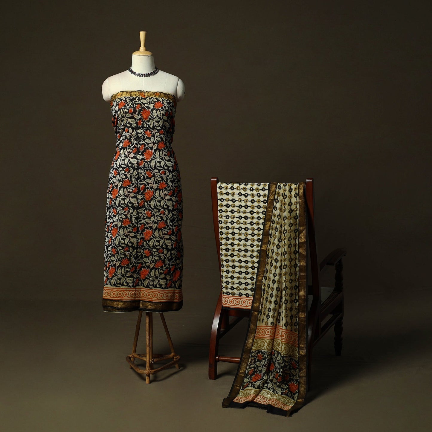 Maheshwari silk hand block bagru print 3pc unstitched dress