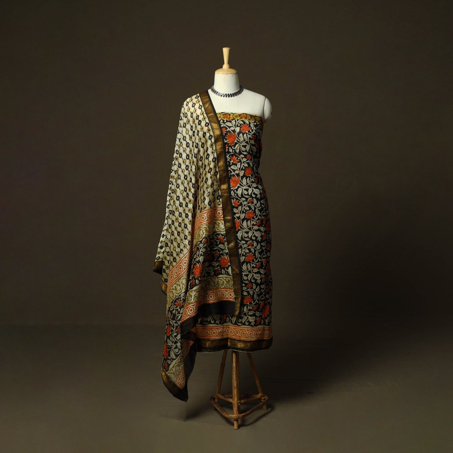 Maheshwari silk hand block bagru print 3pc unstitched dress