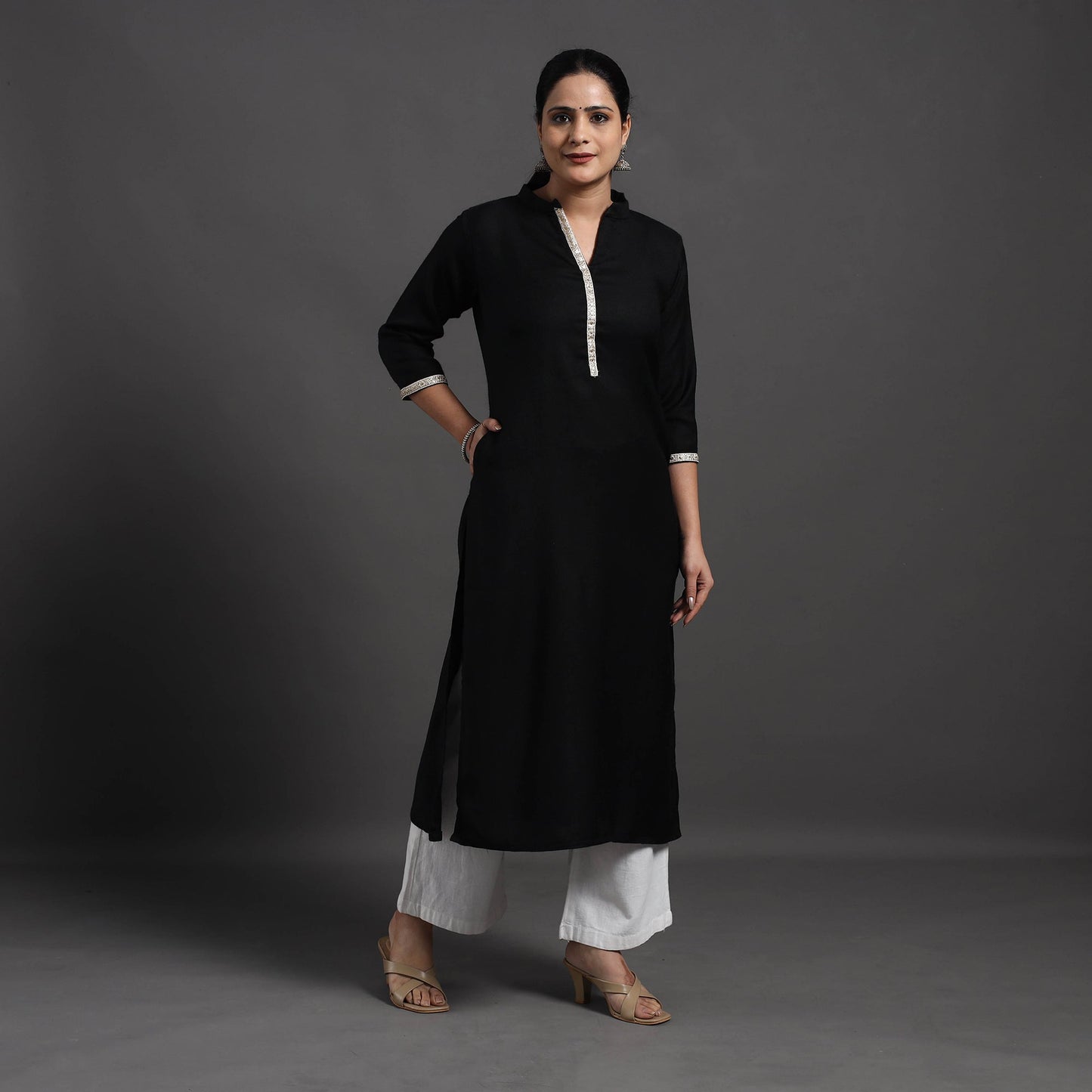 Black Plain Merino Woolen Kurta for Women