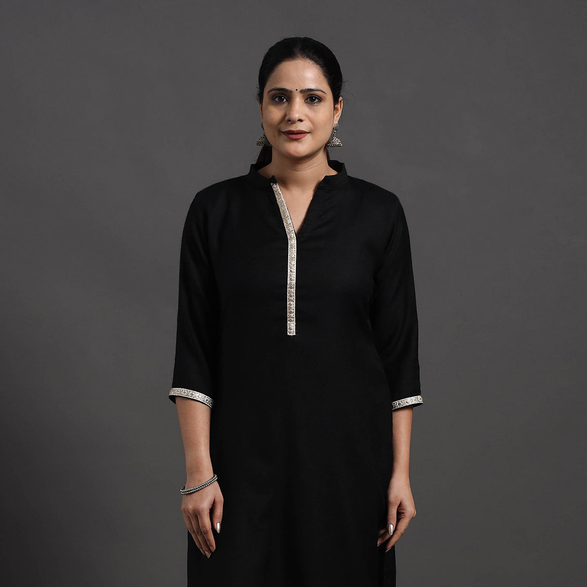 Black Plain Merino Woolen Kurta for Women