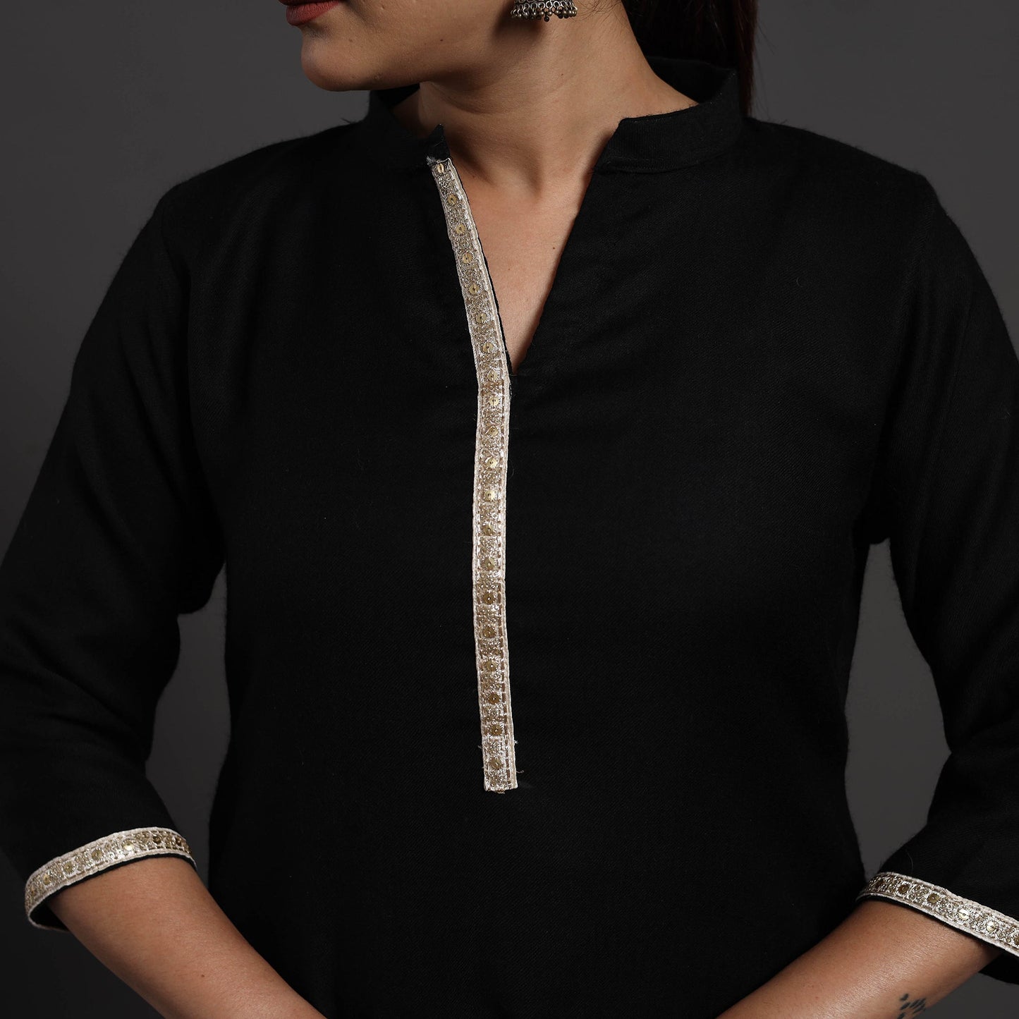 Black Plain Merino Woolen Kurta for Women