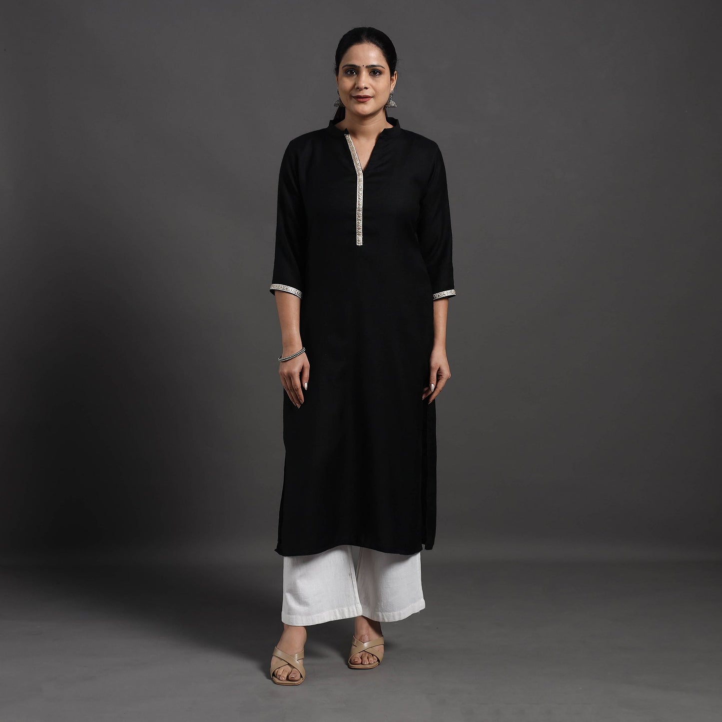 Black Plain Merino Woolen Kurta for Women