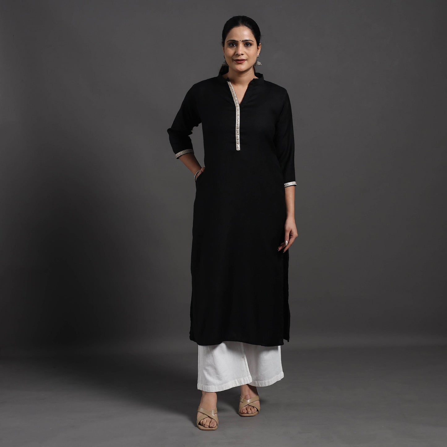 Black Plain Merino Woolen Kurta for Women