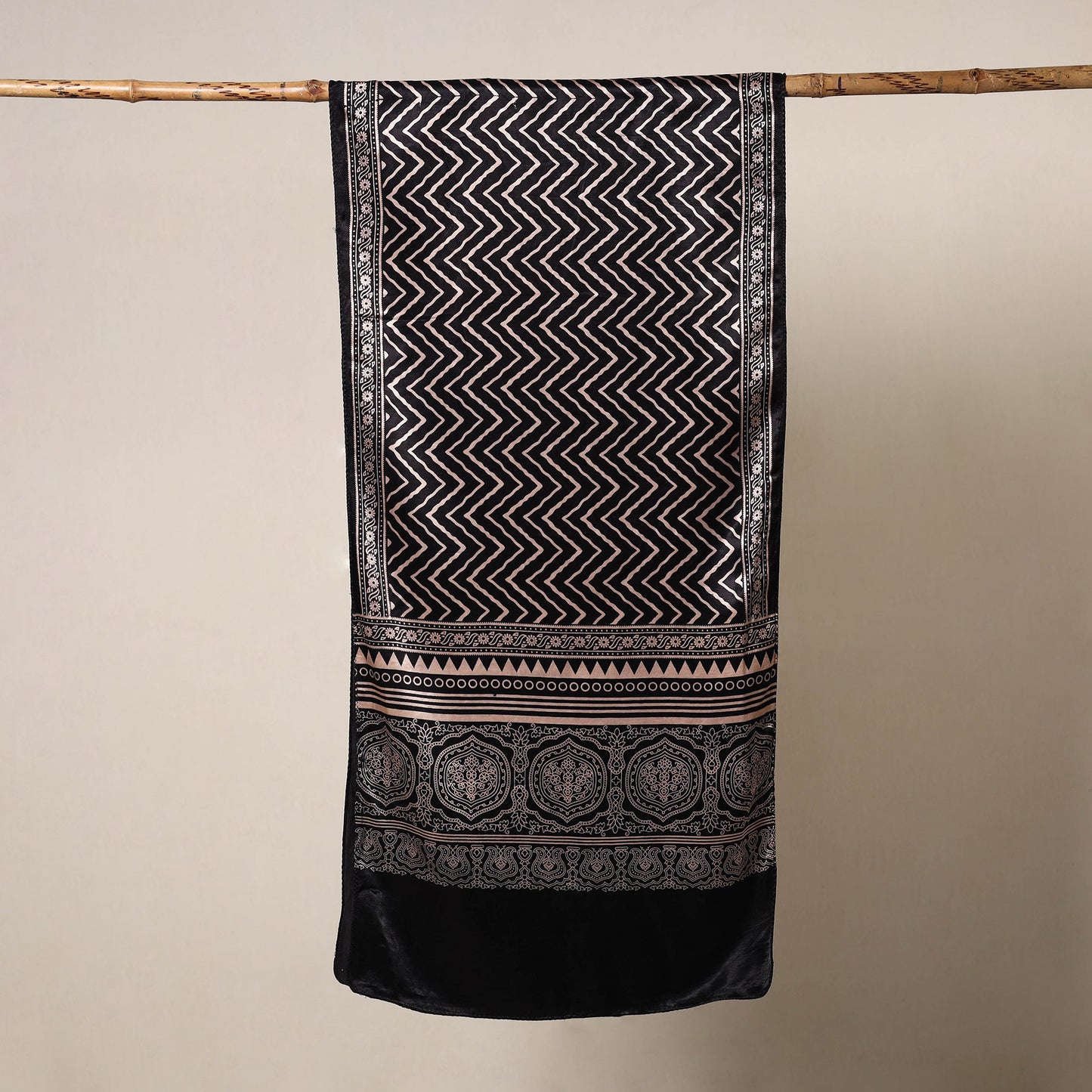 Black Mashru Silk Printed Ajrakh Stole