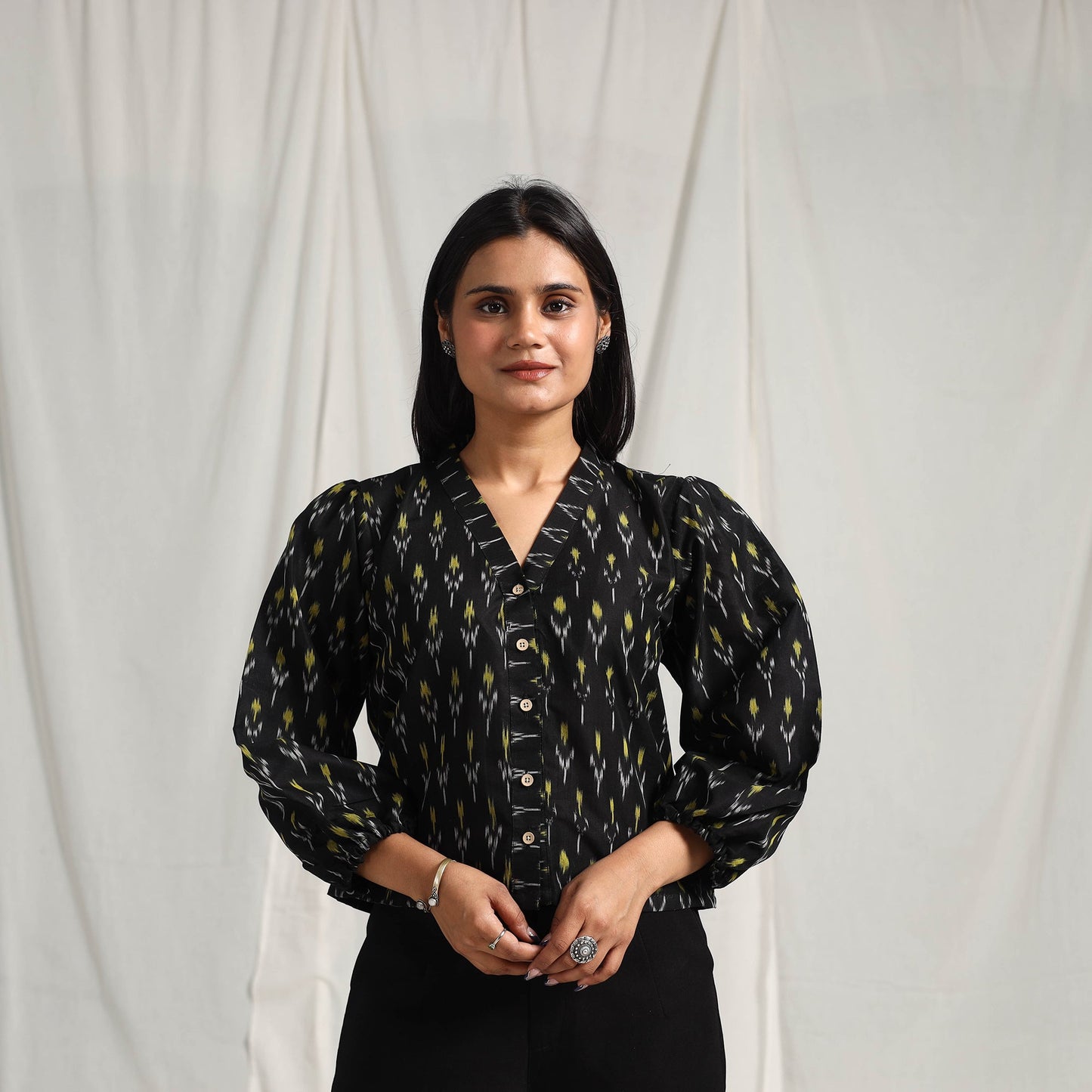 Buy Black Mercerised Cotton Pochampally Ikat Crop Top