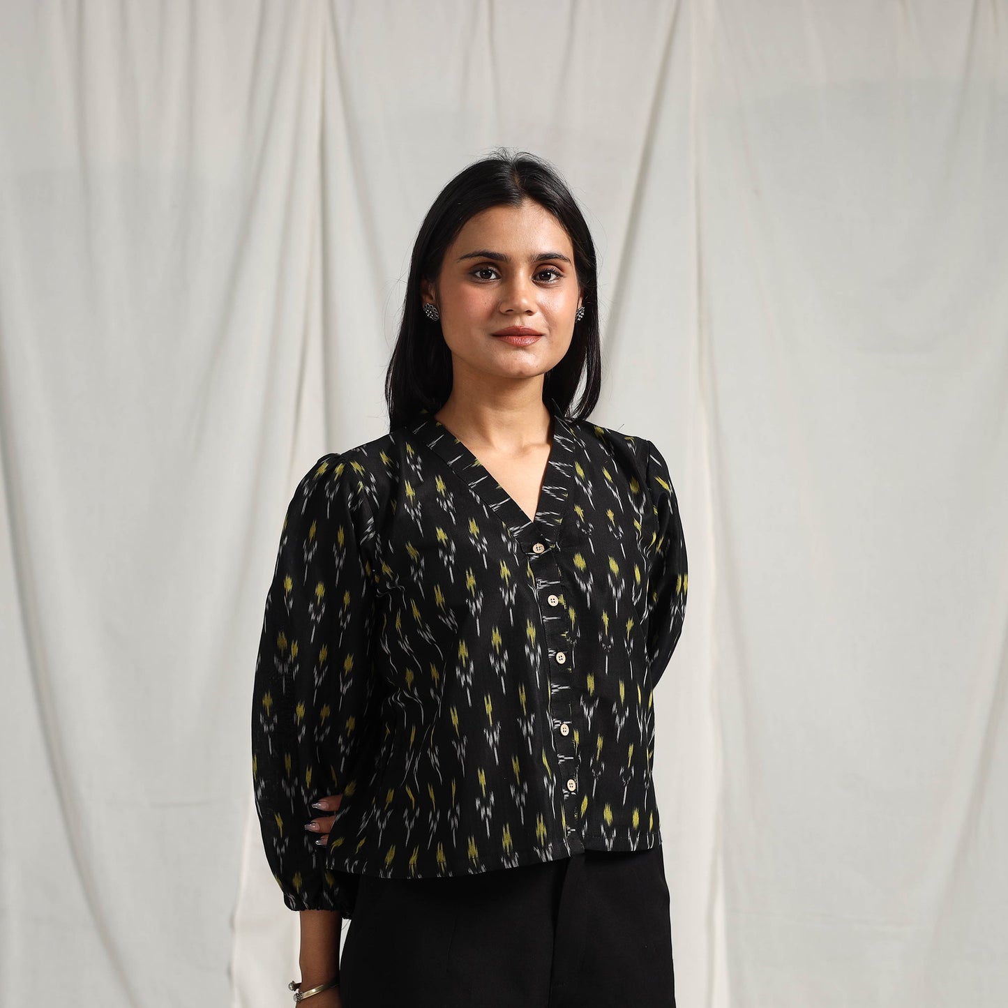 Buy Black Mercerised Cotton Pochampally Ikat Crop Top