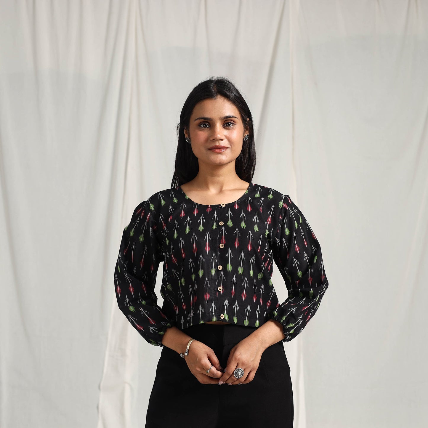 Buy Black Mercerised Cotton Pochampally Ikat Crop Top
