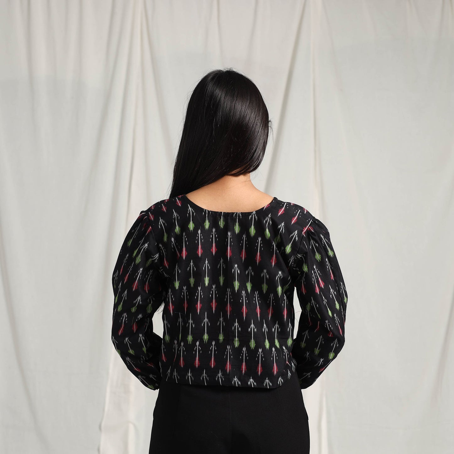 Buy Black Mercerised Cotton Pochampally Ikat Crop Top