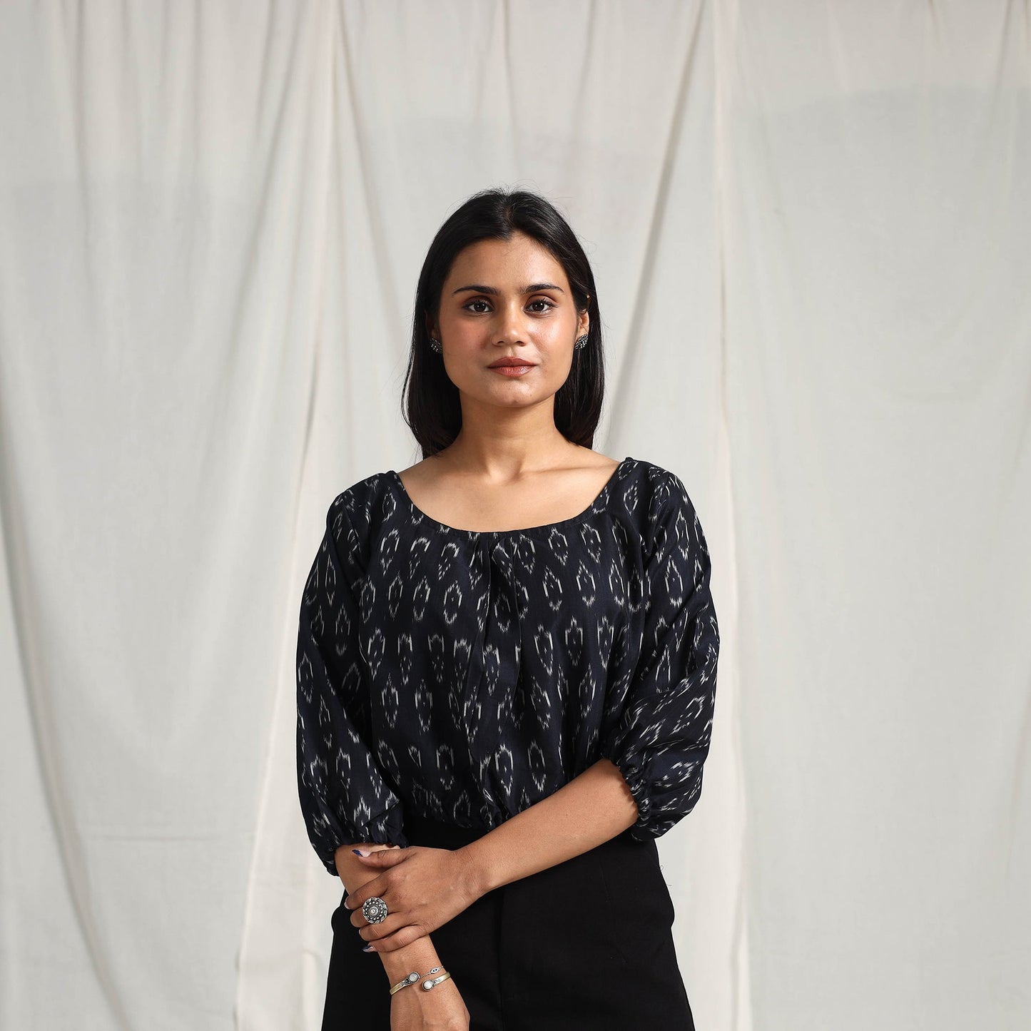 Buy Black Mercerised Cotton Pochampally Ikat Crop Top