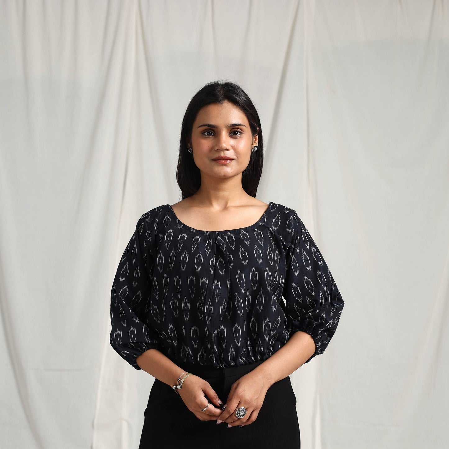 Buy Black Mercerised Cotton Pochampally Ikat Crop Top