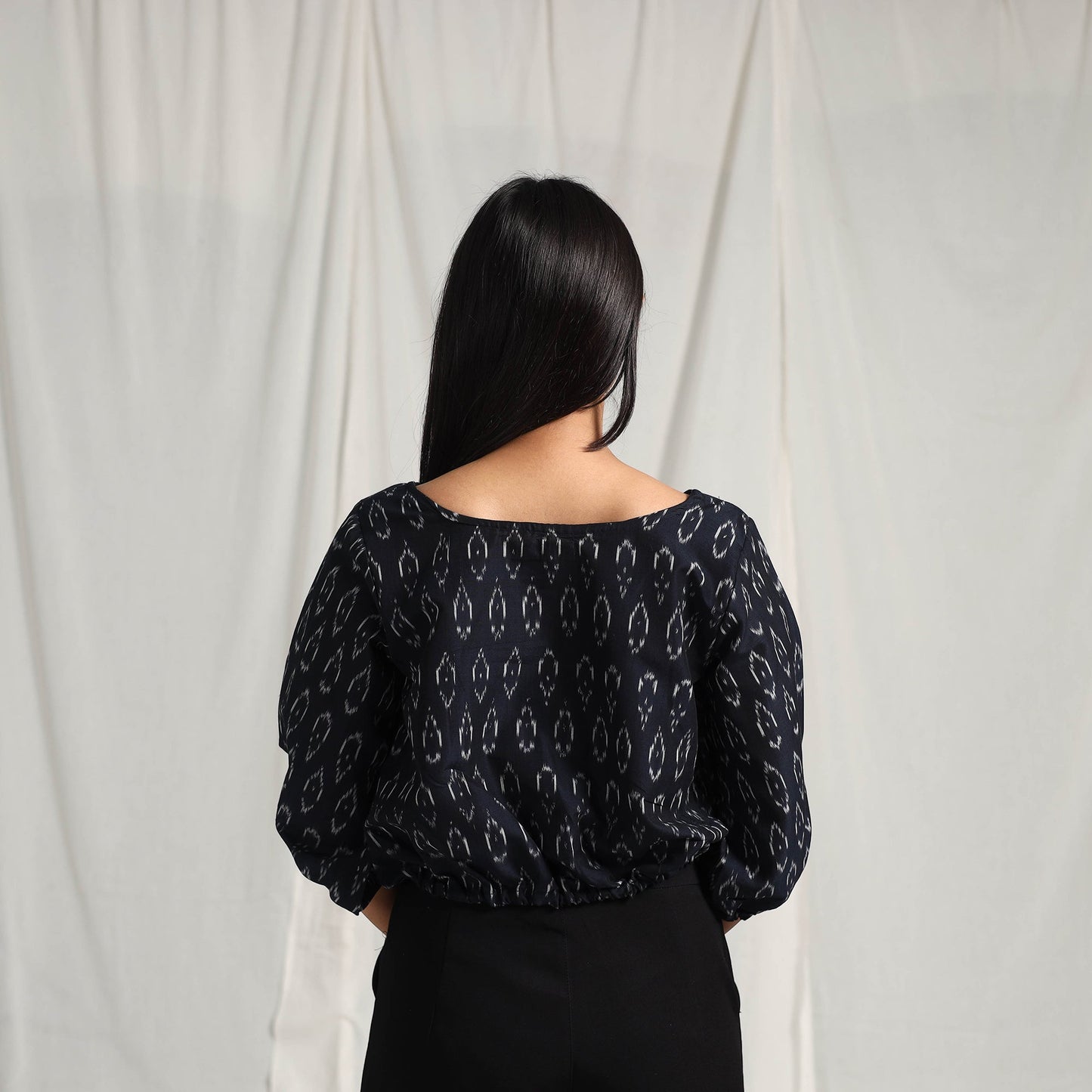 Buy Black Mercerised Cotton Pochampally Ikat Crop Top