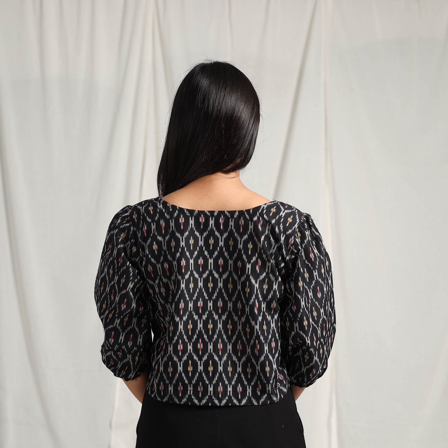 Buy Black Mercerised Cotton Pochampally Ikat Crop Top