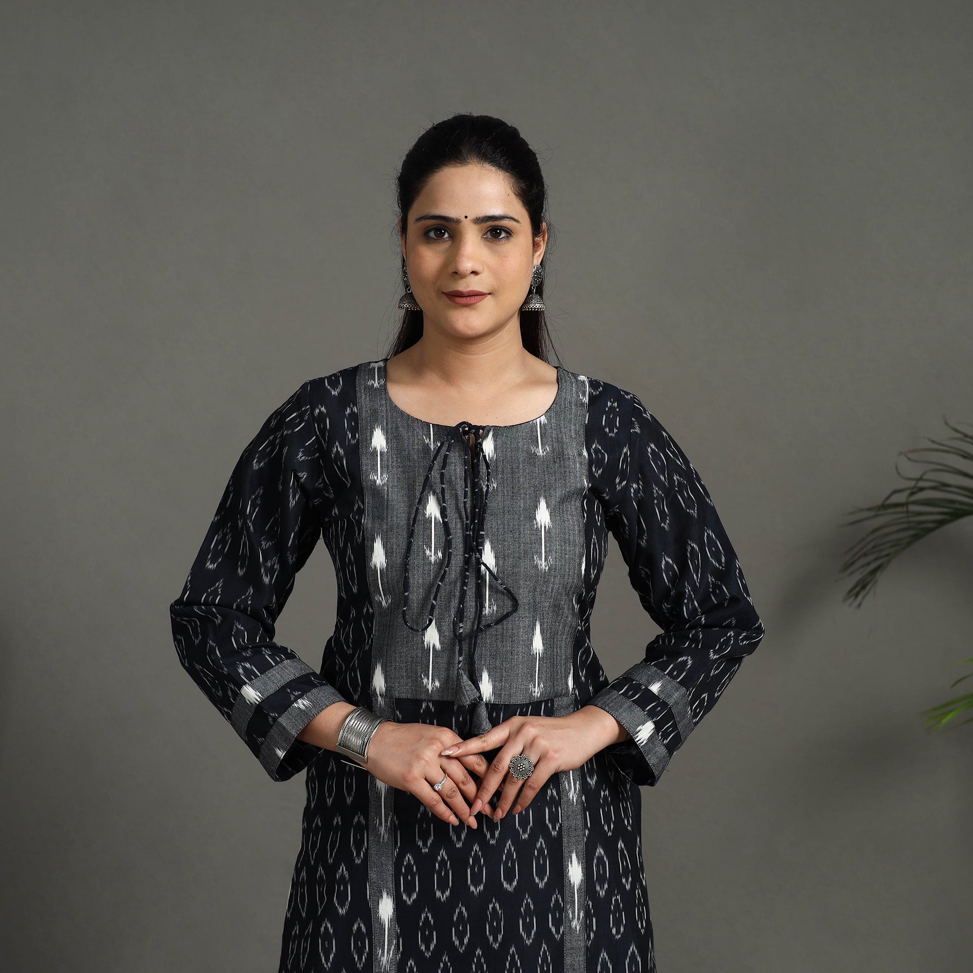 Black - Mercerised Cotton Straight Pochampally Ikat Long Kurta 11