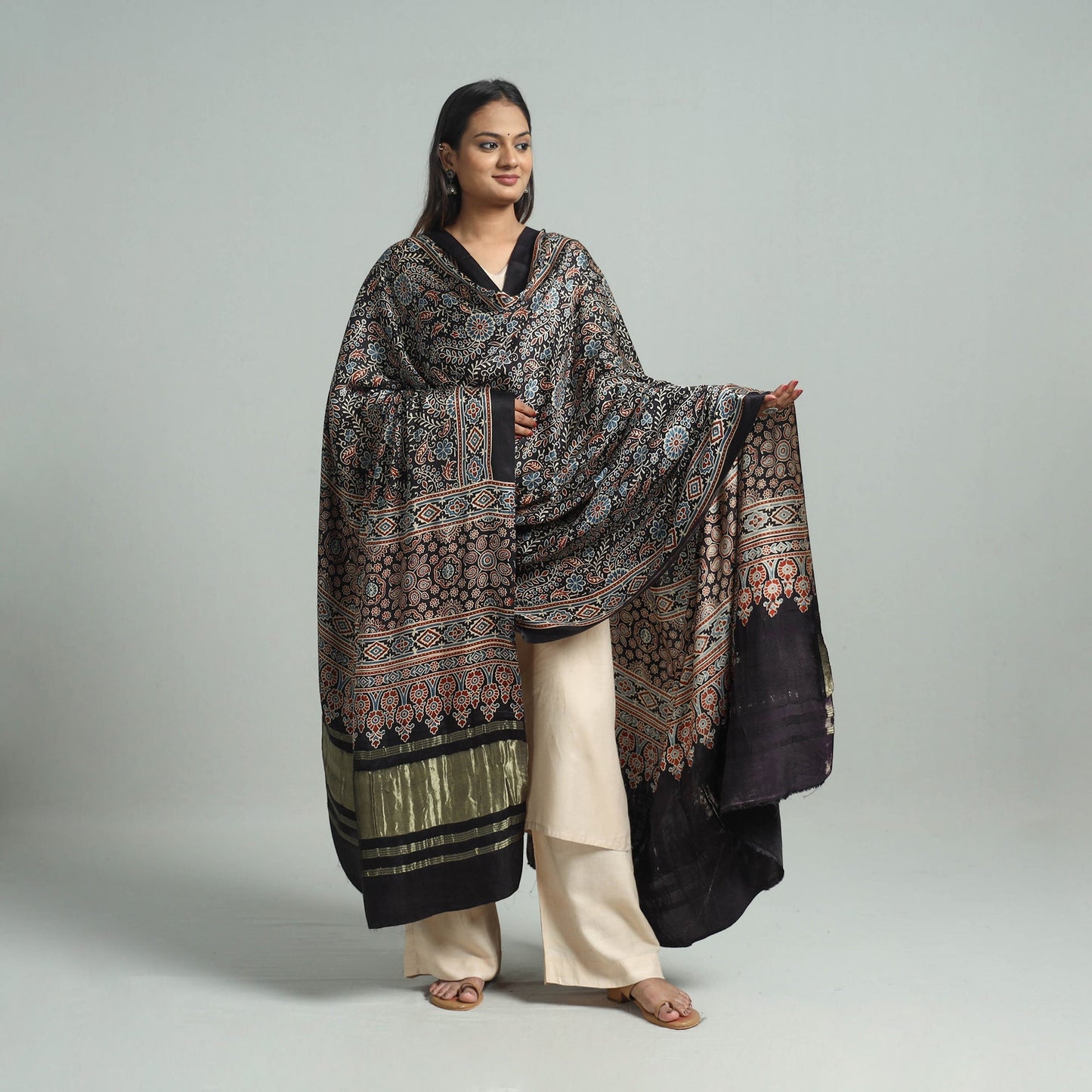 Modal Silk Block Print Ajrakh Dupatta