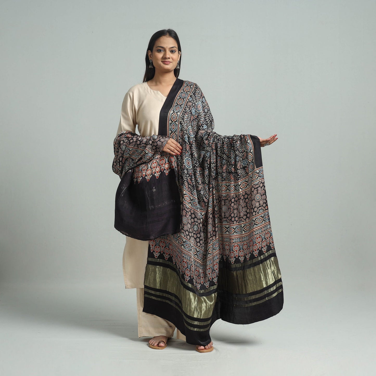 Modal Silk Block Print Ajrakh Dupatta