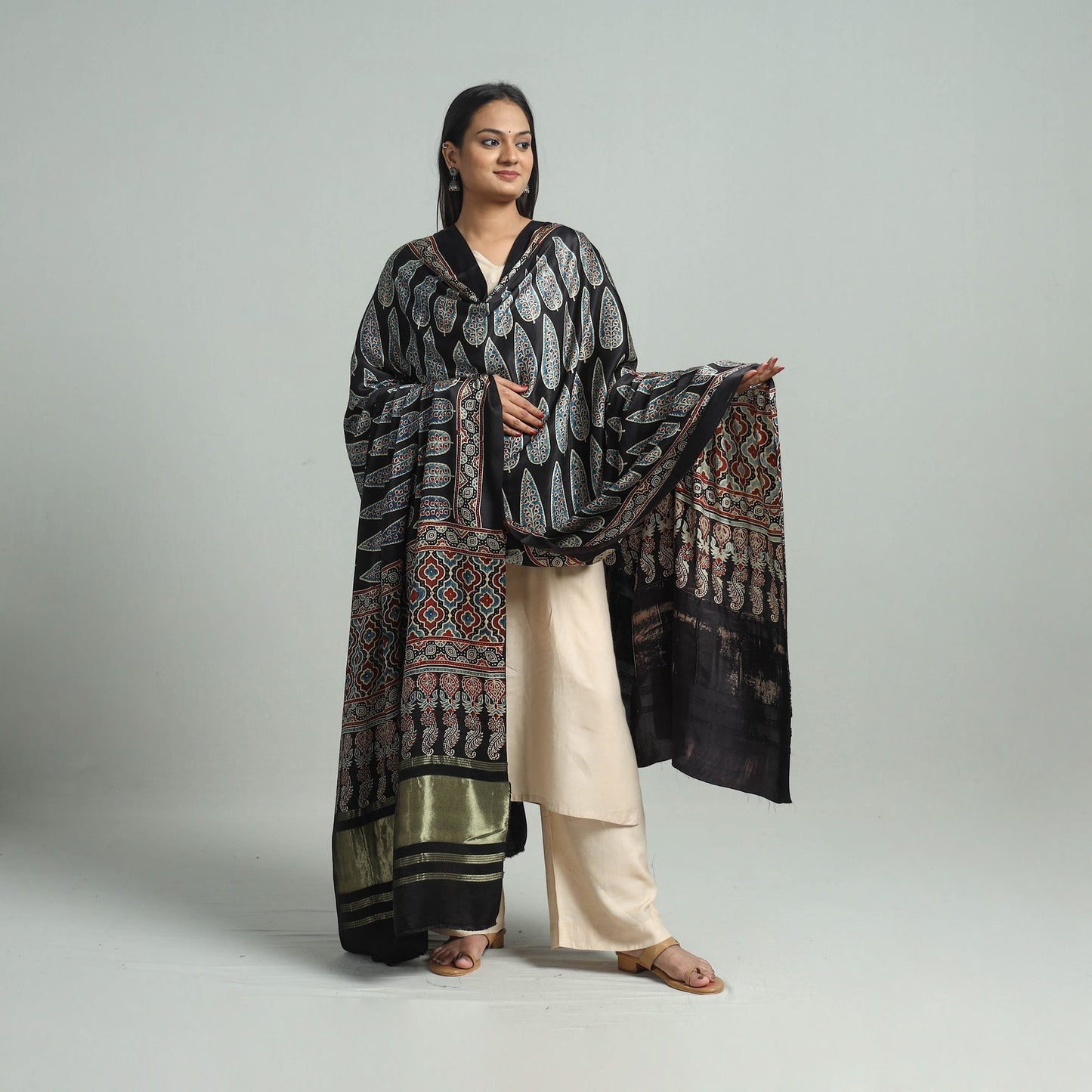 Modal Silk Block Print Ajrakh Dupatta