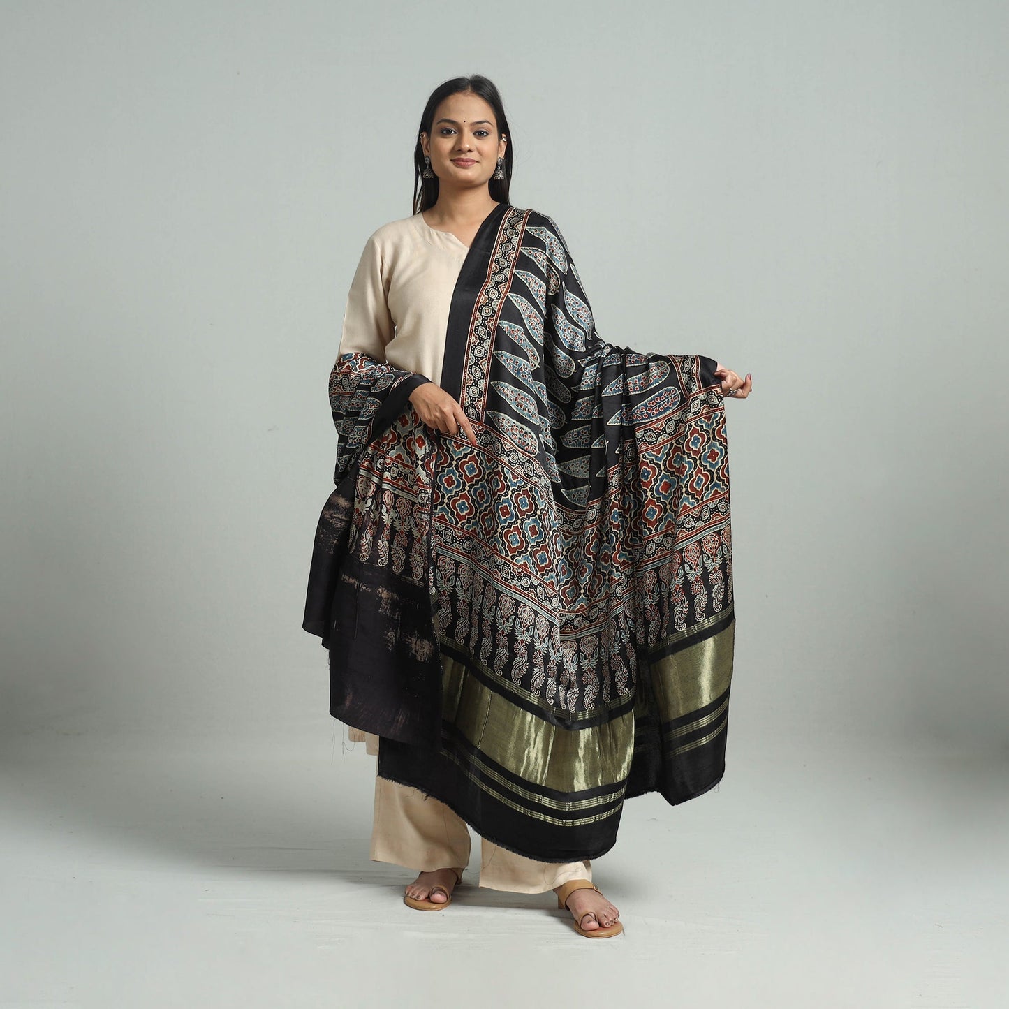 Modal Silk Block Print Ajrakh Dupatta