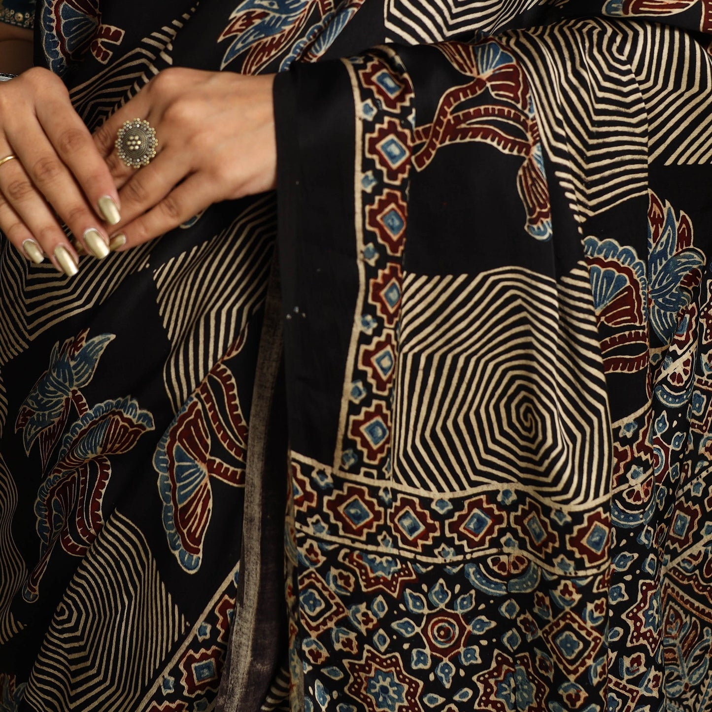 Black Modal Silk Block Print Ajrakh Saree