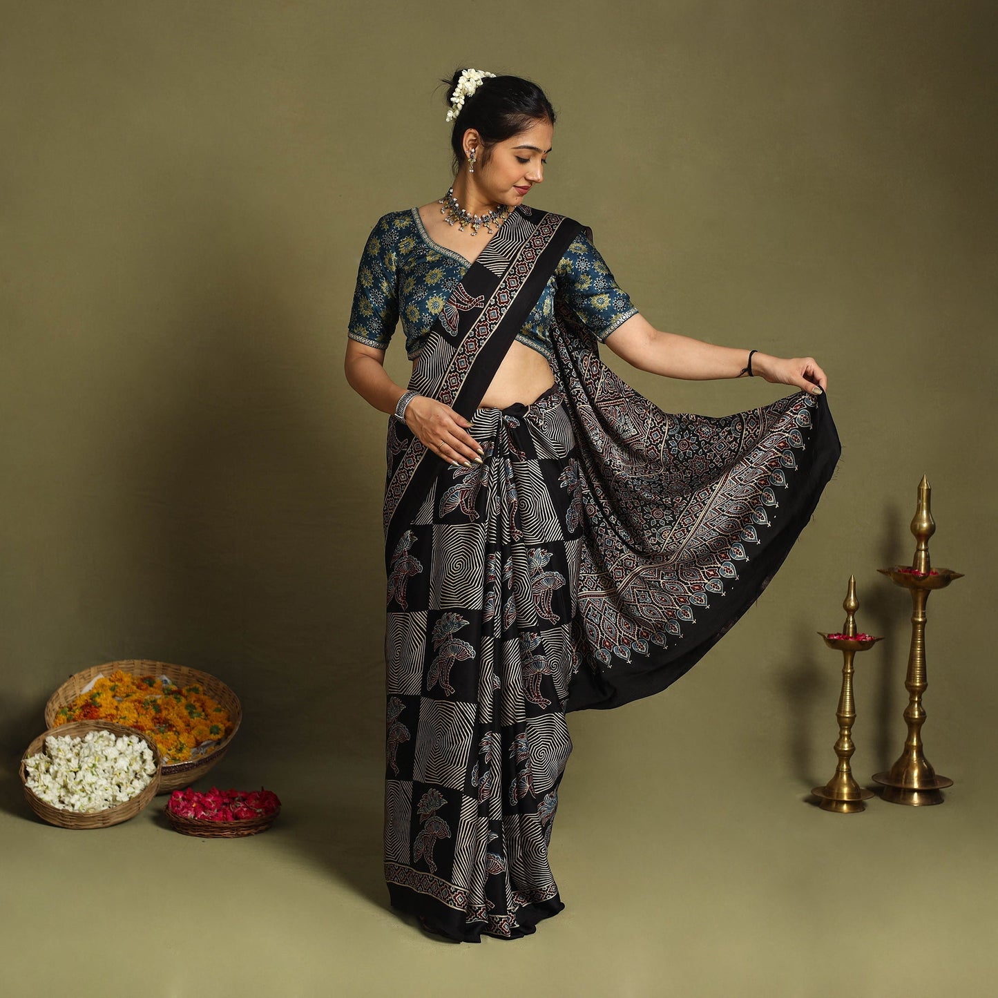 Black Modal Silk Block Print Ajrakh Saree