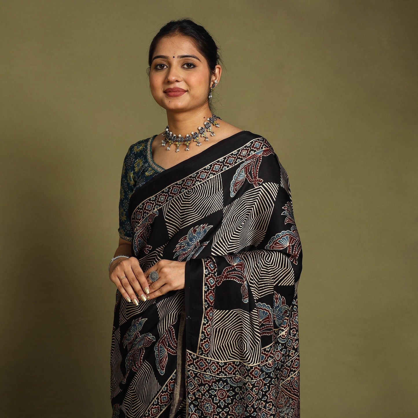 Black Modal Silk Block Print Ajrakh Saree