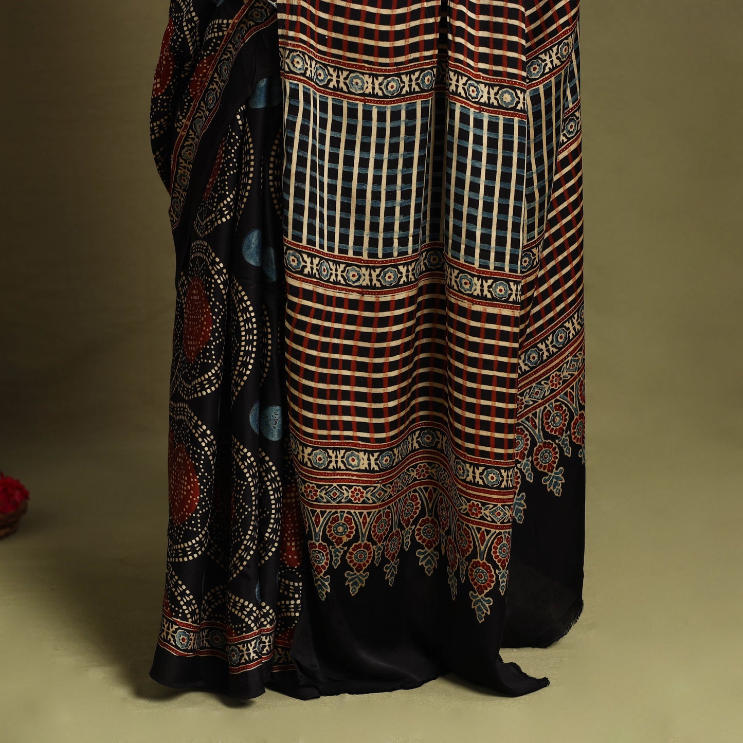 Black Modal Silk Block Print Ajrakh Saree