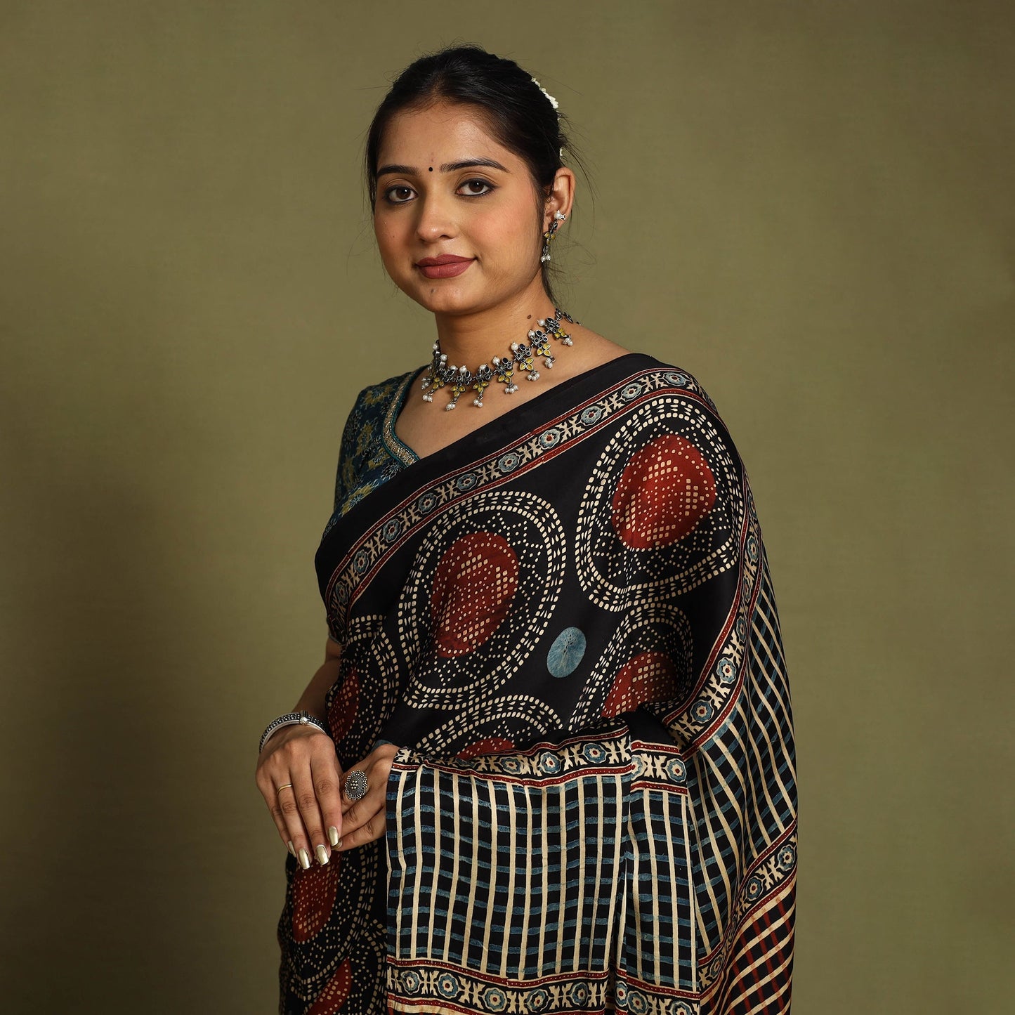 Black Modal Silk Block Print Ajrakh Saree