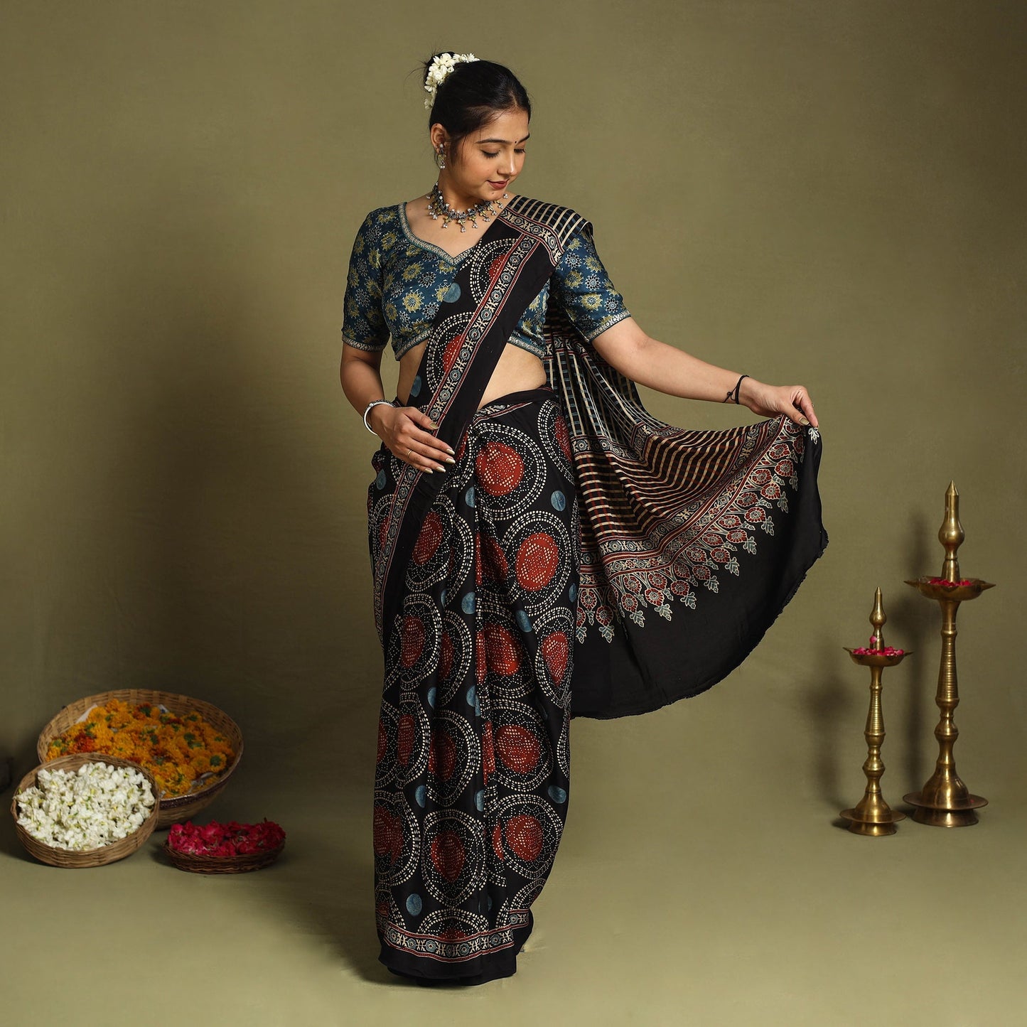 Black Modal Silk Block Print Ajrakh Saree