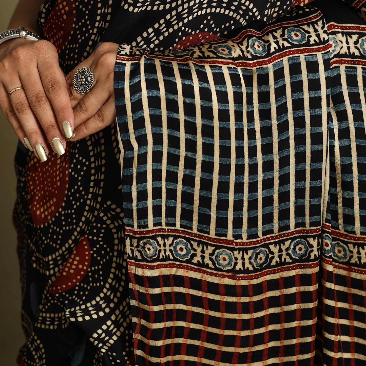 Black Modal Silk Block Print Ajrakh Saree