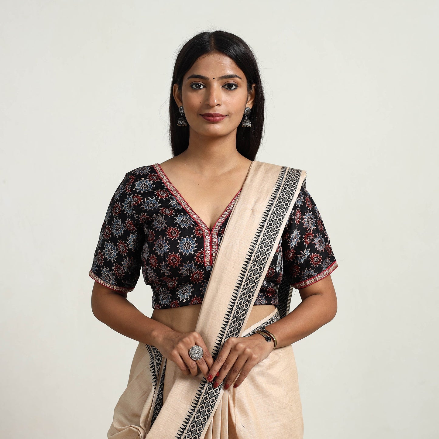 Black Modal Silk Block Print Stitched Ajrakh Blouse
