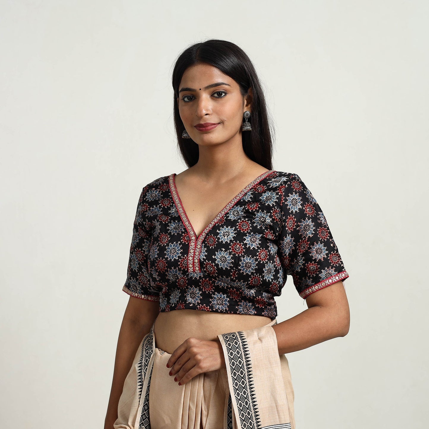Black Modal Silk Block Print Stitched Ajrakh Blouse