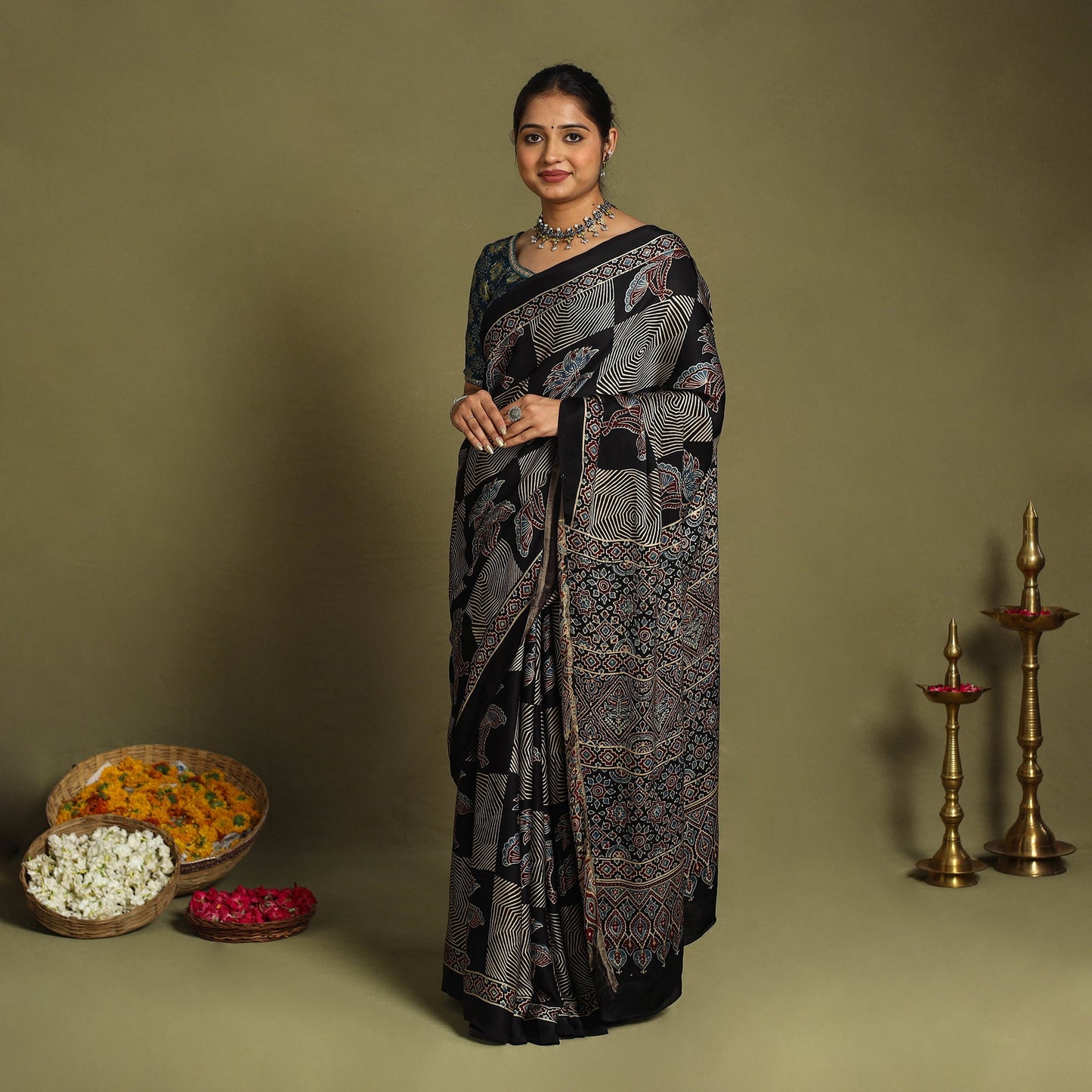 Black Modal Silk Block Print Ajrakh Saree