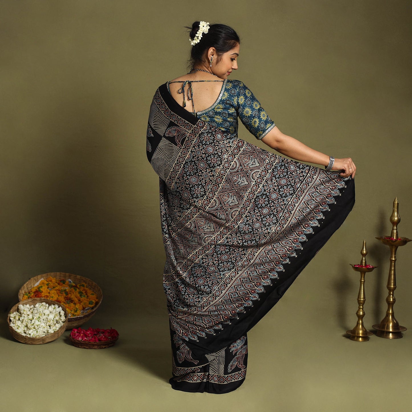 Black Modal Silk Block Print Ajrakh Saree