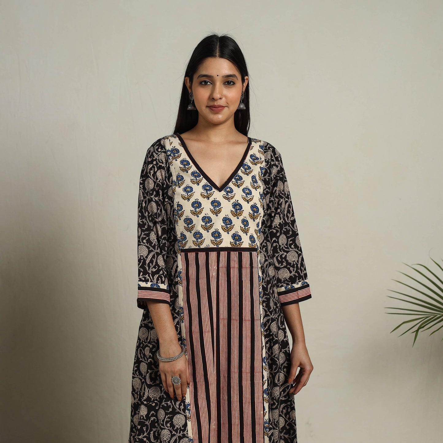 Buy Block Print Mosaic Fusion A-Line Bagru Cotton Black Kurta