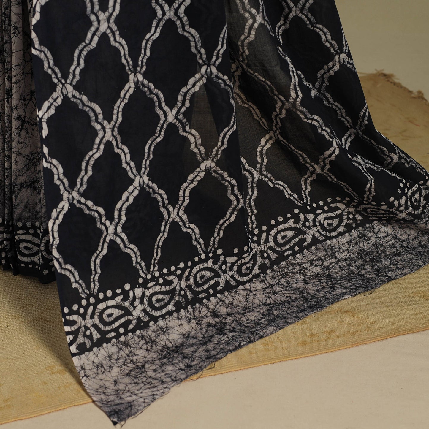 Black - blue - mul cotton hand batik saree 45 - handcrafted