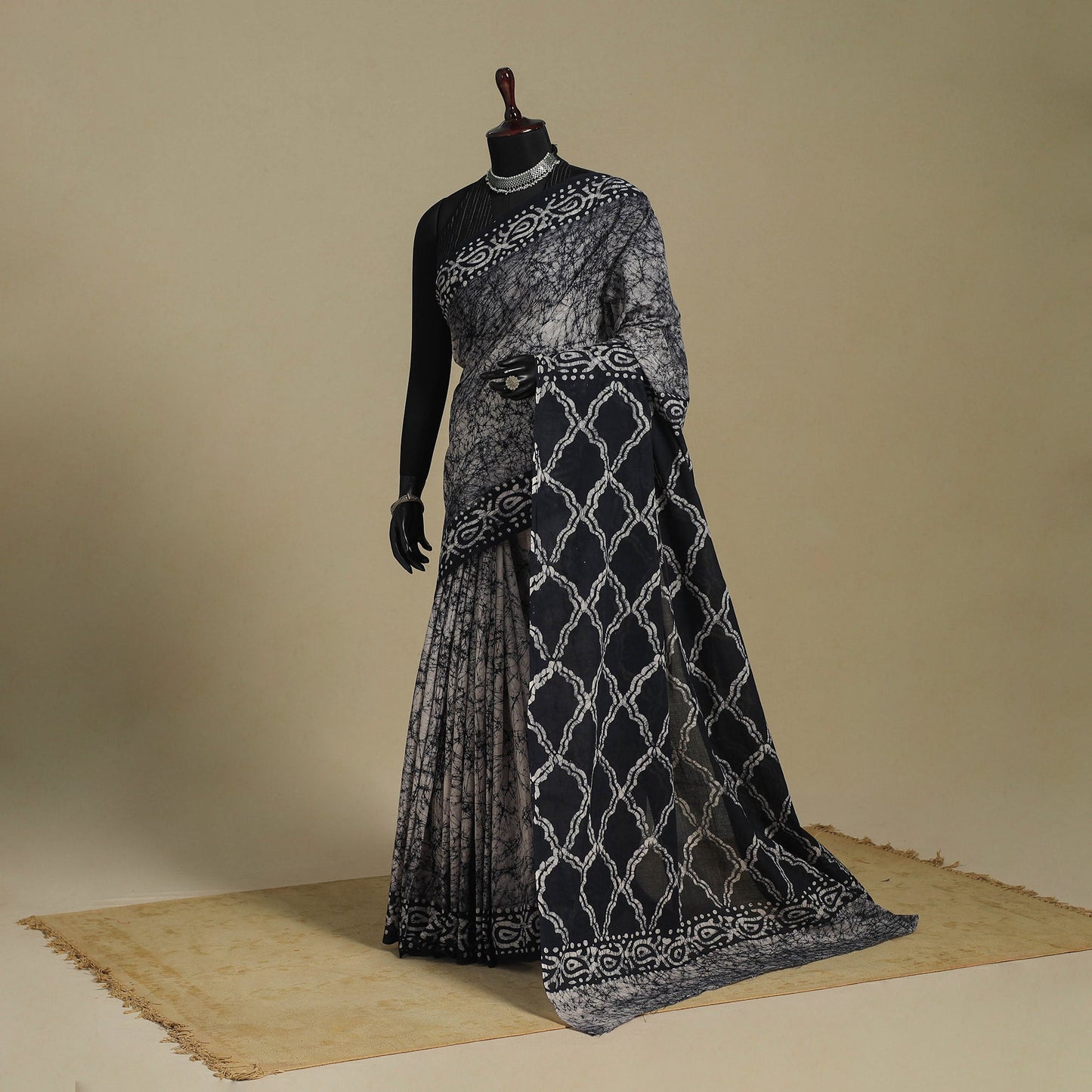 Black - blue - mul cotton hand batik saree 45 - handcrafted