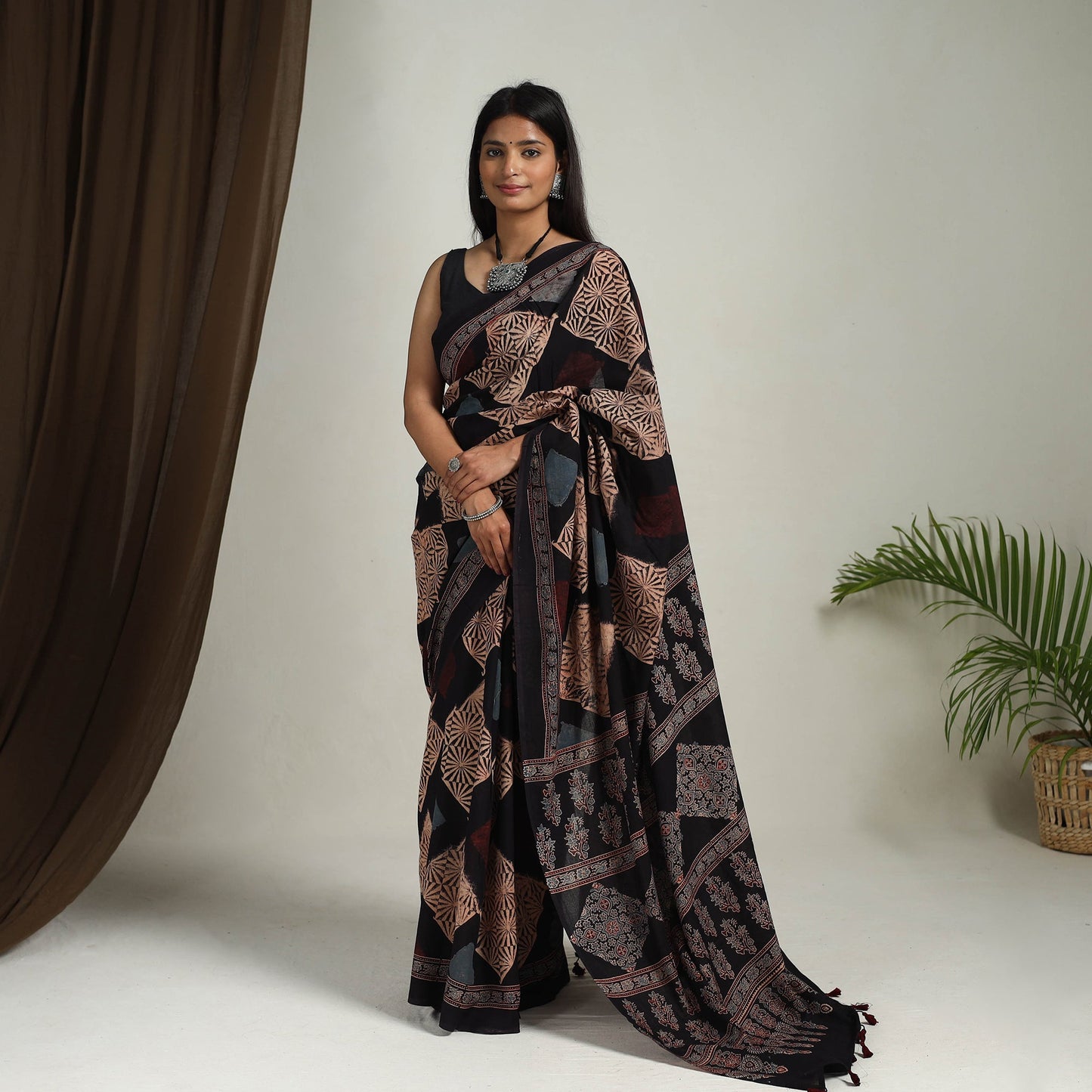 Buy Black Mul Cotton Block Print Ajrakh Saree
