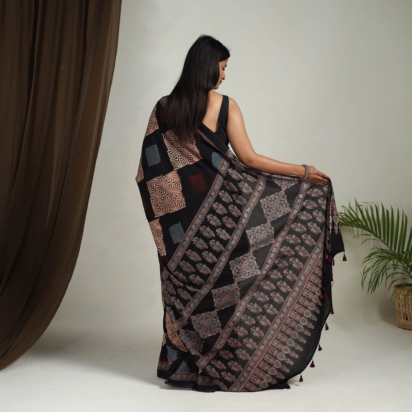 Buy Black Mul Cotton Block Print Ajrakh Saree