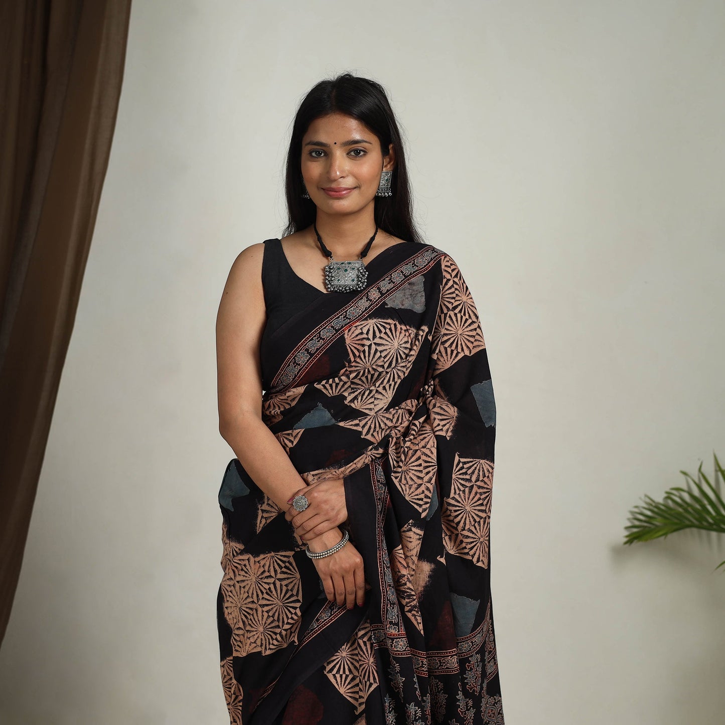 Buy Black Mul Cotton Block Print Ajrakh Saree
