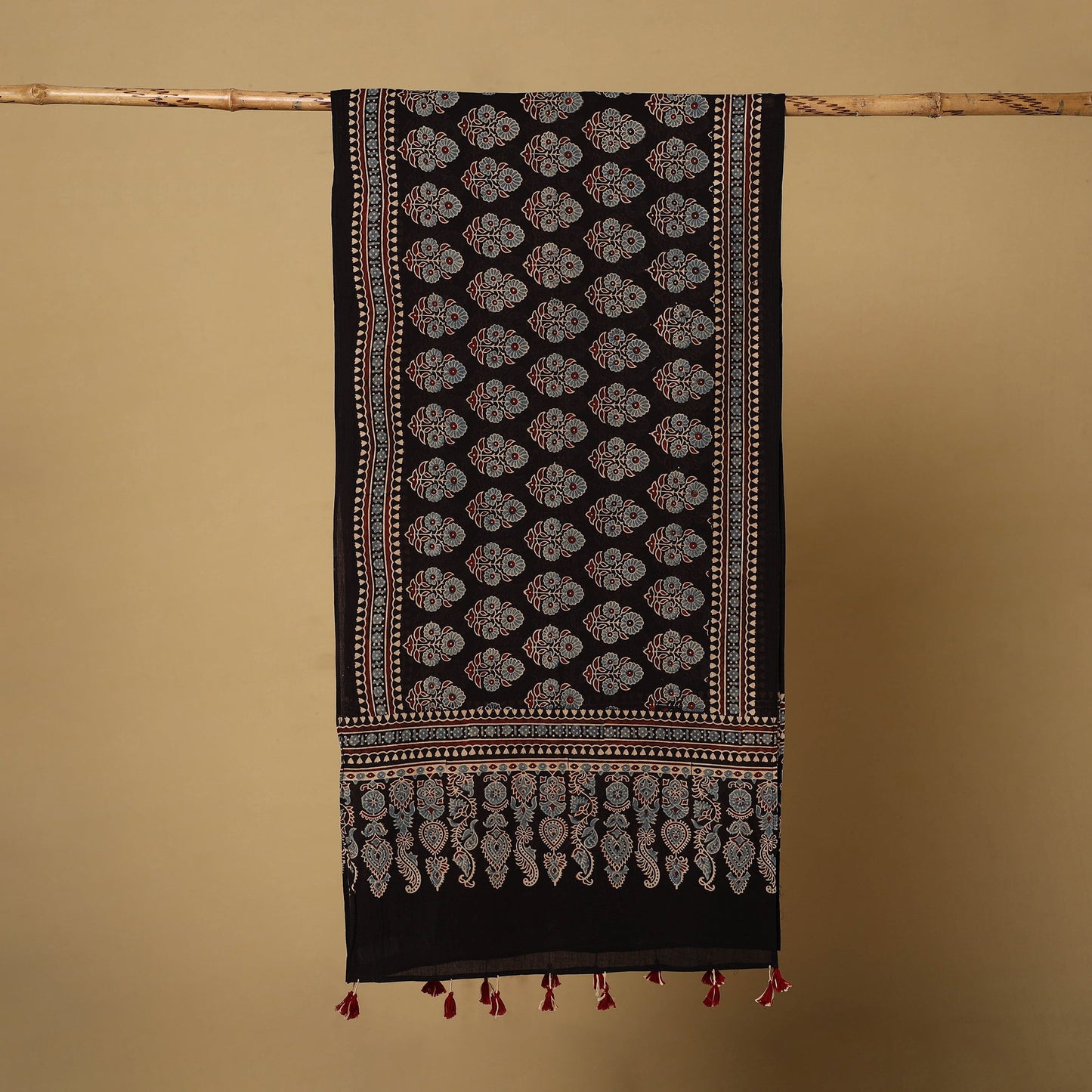 Buy Mul Cotton Block Print Ajrakh Stole with Tassels